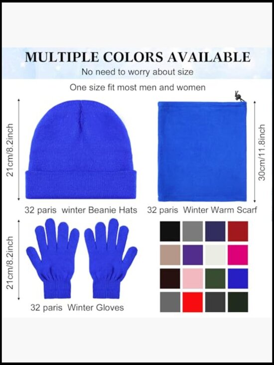 96-Piece Winter Beanie Hat Gloves Scarf Set Bulk Knit Skull Cap Fleece Neck